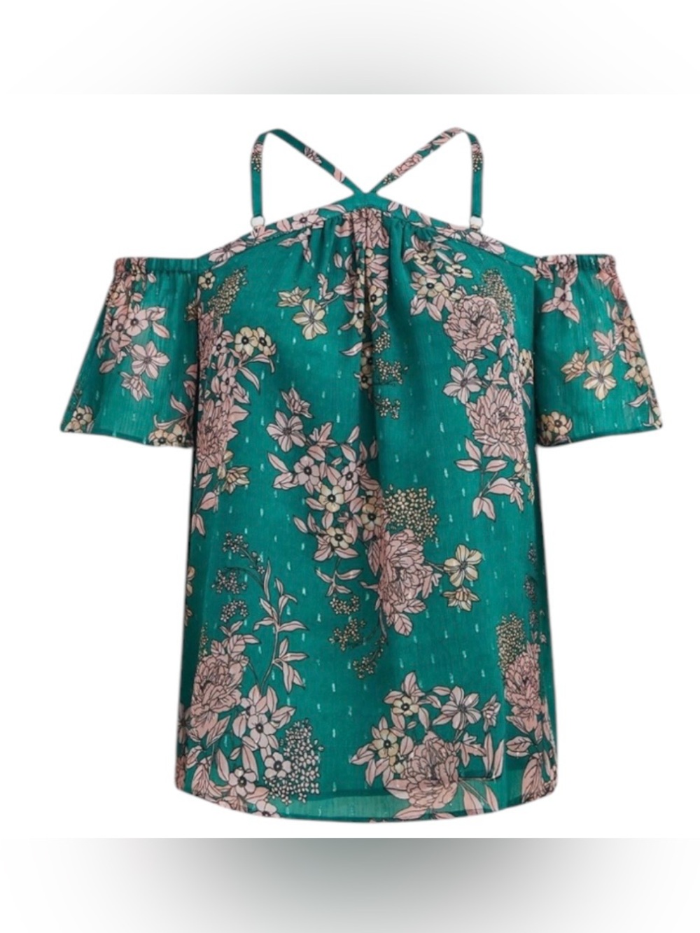 NWT Torrid women’s 2X cold shoulder halter Floral crinkle Chiffon green blouse